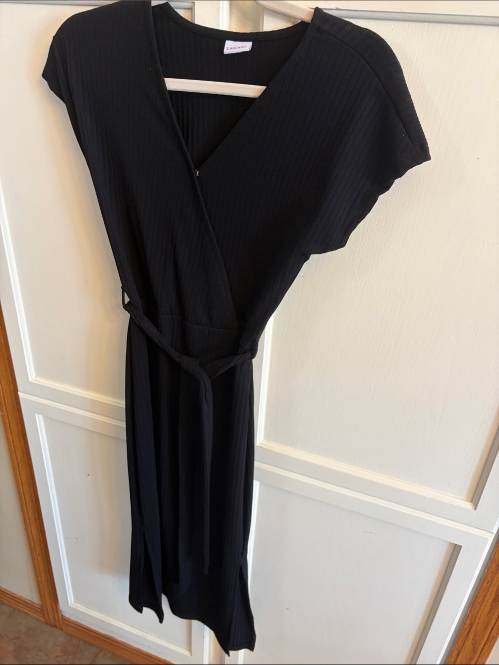 Lascana Black Ribbed Wrap Dress with Waist Tie Size 2 (34)